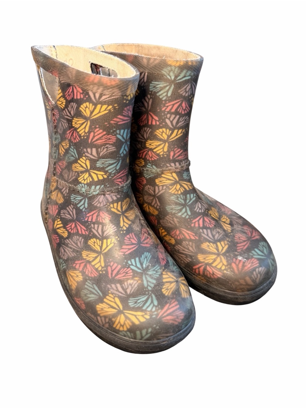 UGG Kids Brown Rain Boots with Multicolor Butterfly Print
